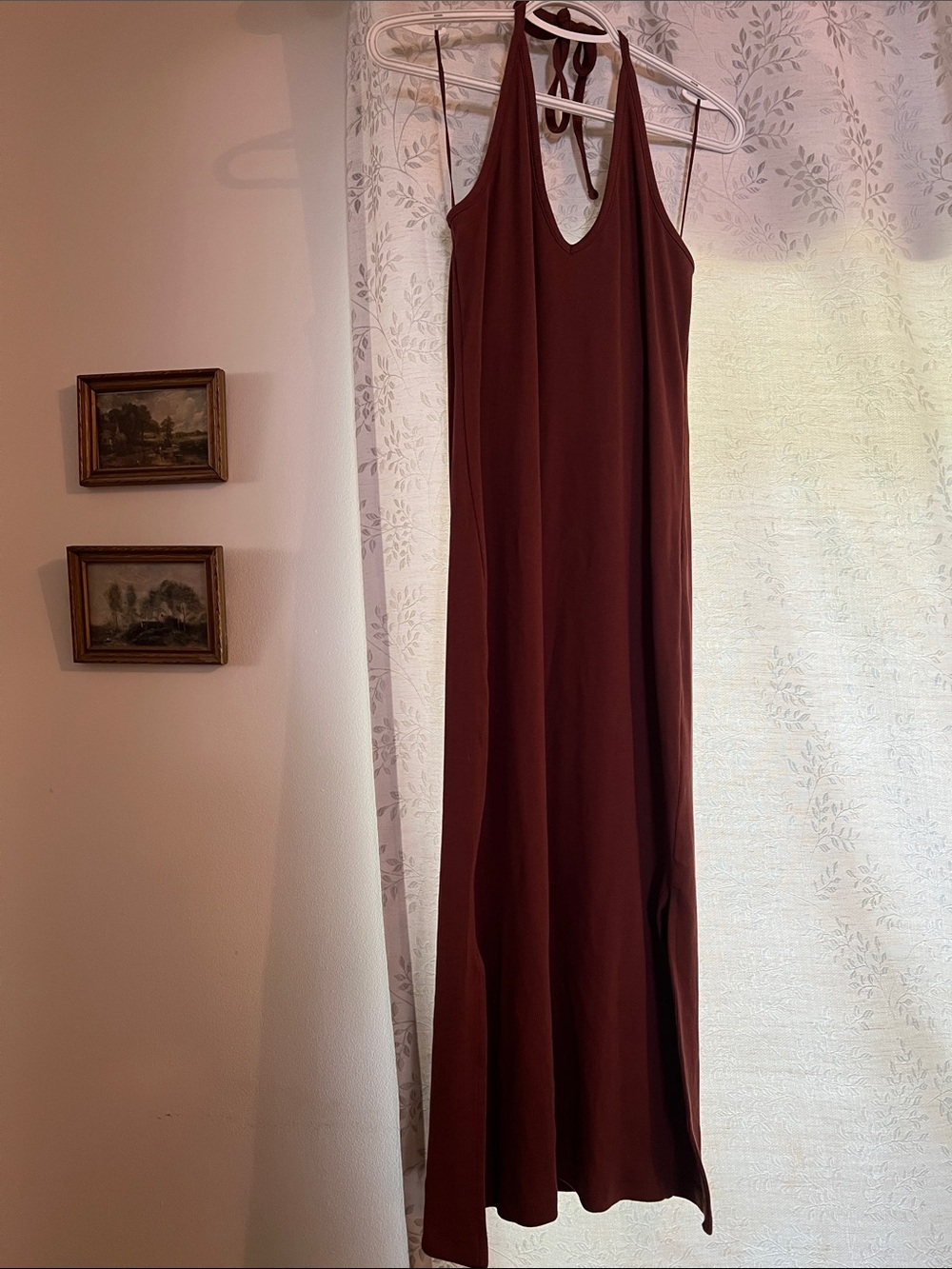 Halter V-Neck Midi Dress in rich rusty brown